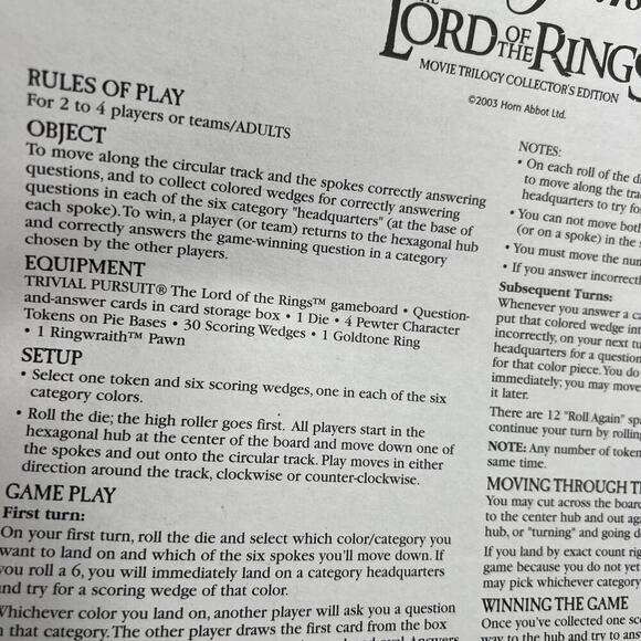 Trivial Pursuit Lord of the Rings Movie Trilogy Collectors Edition Board Game - Picture 5 of 10